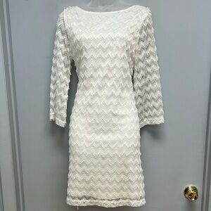Sharagano Noir Ivory Textured Fringe Shift Dress 3/4 Sleeve Elegant Cocktail
